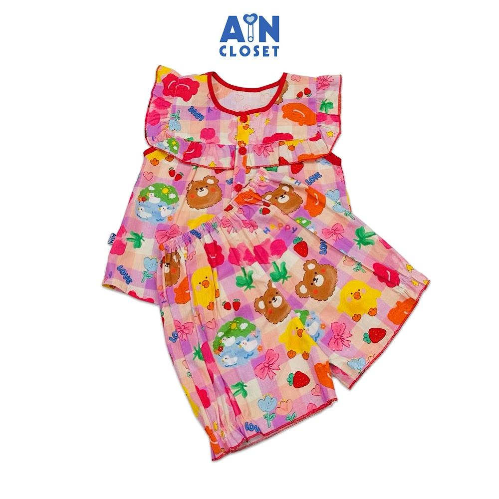 Bộ quần áo Ngắn bé gái hoạ tiết Caro Gấu Tím Cotton - AICDBGY84HOX - AIN Closet