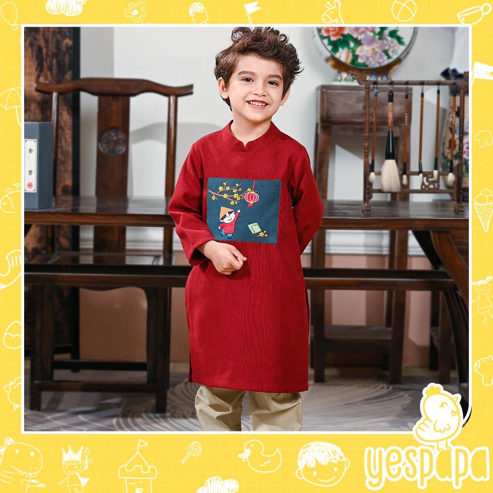 Áo dài bé trai truyền thống đỏ thêu tay vải nhung mềm mại ẢNH THẬT MamLa