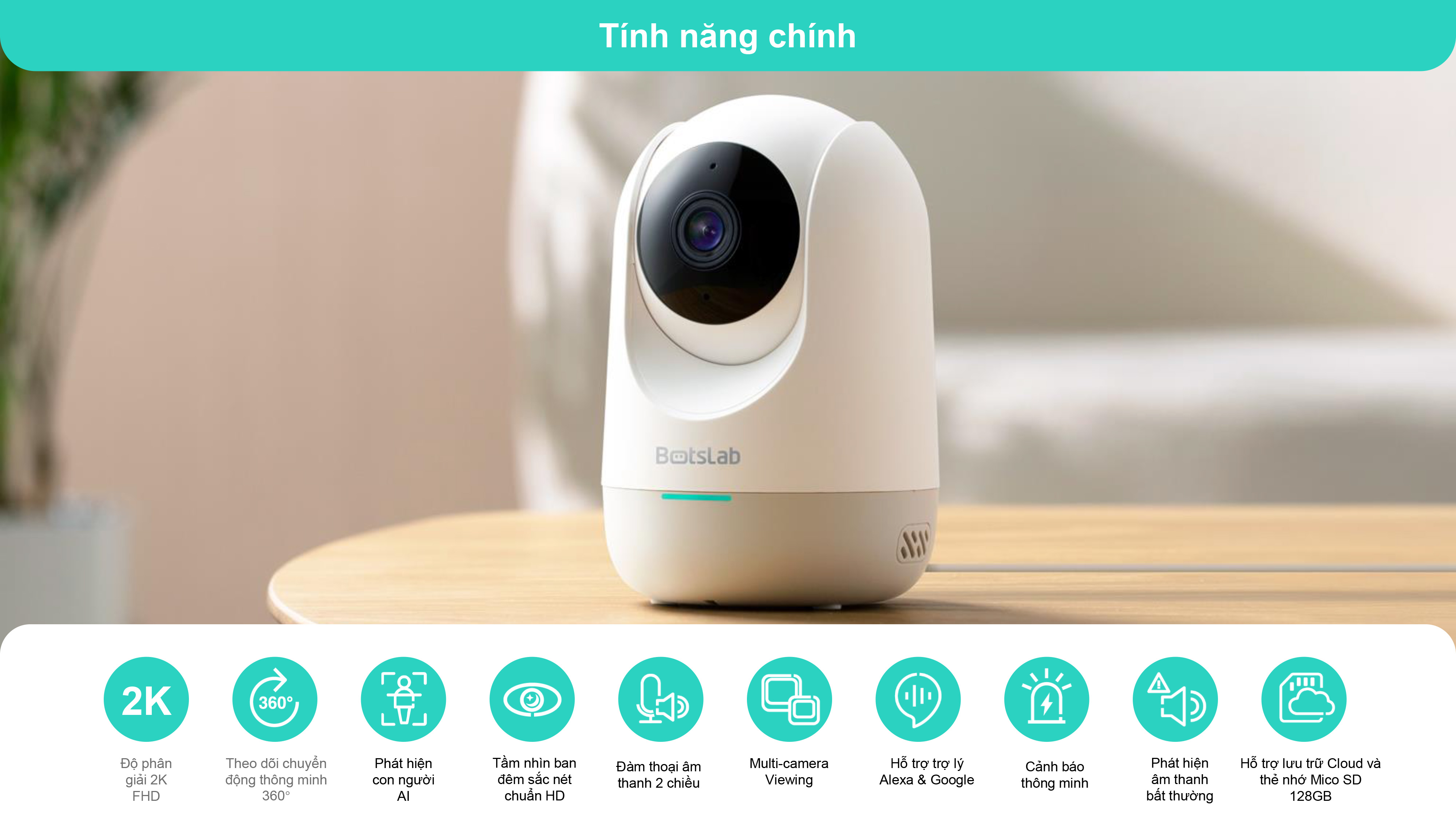 Camera quan sát Qihoo 360 C211 2K 1296P, Xoay 360 độ, H264+ Smart AI App Botslab - Hàng chính hãng