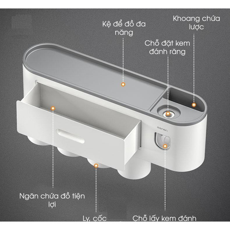 Bộ Nhả Kem Đánh Răng Tự Động, Kệ Để Cốc và Bàn Chải Phòng Tắm Dán Tường Cao Cấp