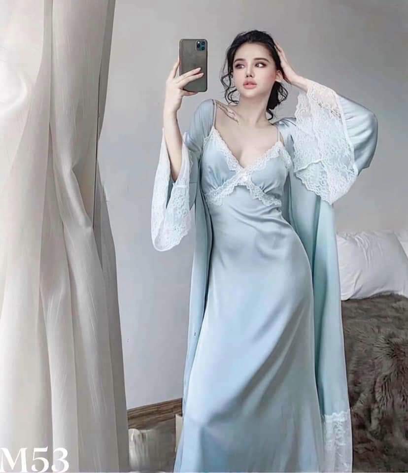 [Hantu Sleepwear]-Set áo choàng + váy ngủ lụa dáng dài qua gối mặc nhà sang trọng ,sexy-Màu xanh xám kèm đai áo choàng