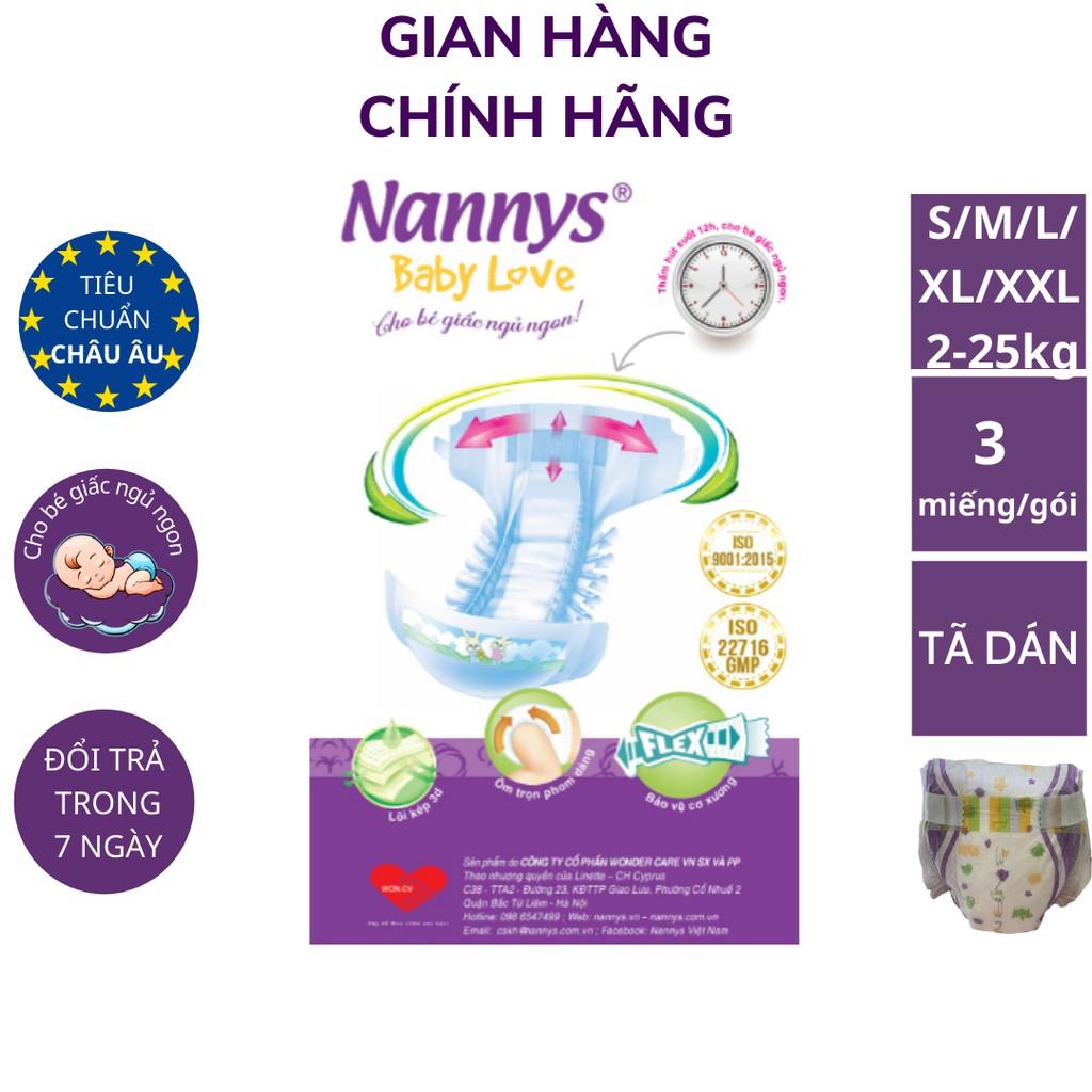 Miếng dùng thử tã/ bỉm DÁN Nannys S/M/L/XL/XXL 3 miếng (Cho bé 2 - 25kg)