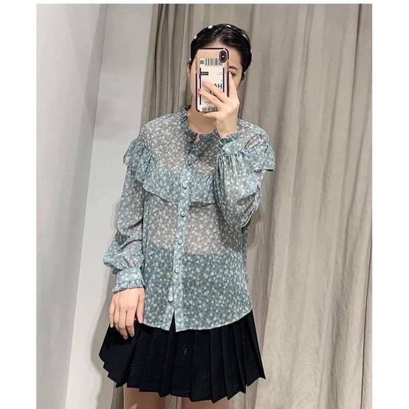 Sơ mi xanh hoa nhí cúc bọc siêu hót