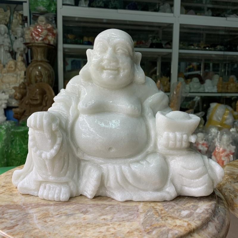 Tượng Cụ Di Lặc Cười Hoan Hỉ Đá Cẩm Thạch Trắng - ngang 30cm