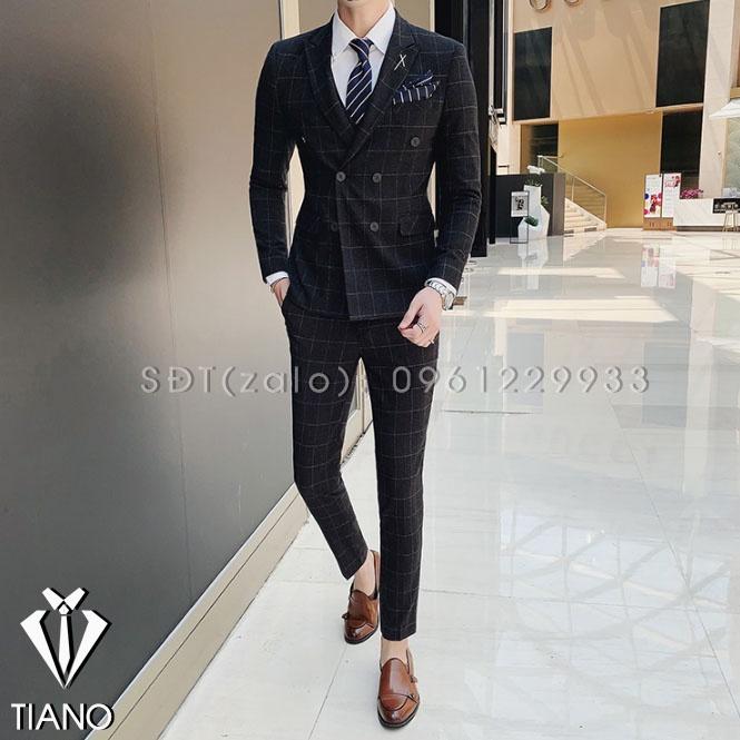 Bộ Vest nam kiểu 6 cúc màu Đen kẻ ô, form ôm body chất vải dày 2 lớp, Suit Nam Cao Cấp - TIANO STORE