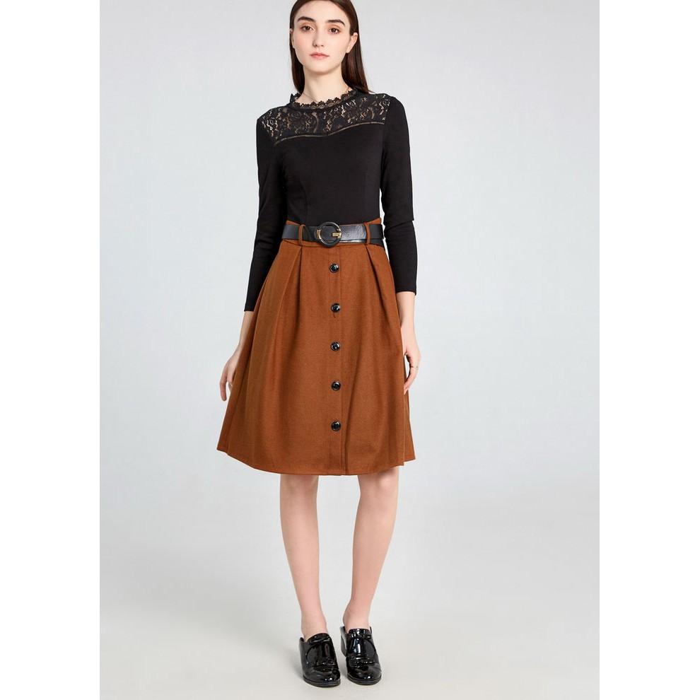 Đầm xòe mùa thu cổ ren kèm belt, chất liệu thun cotton kết hợp nhung dày dặn, hàng nhập Quảng Châu