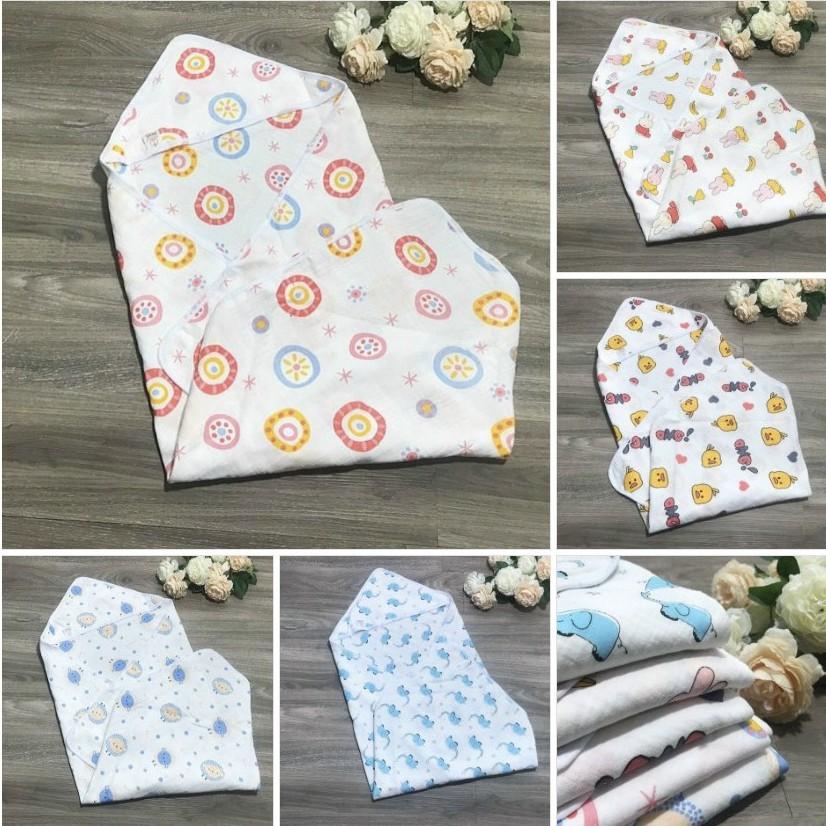 Chăn ủ có mũ 4 lớp nhăn WOOJY in hình 2 mặt cho bé