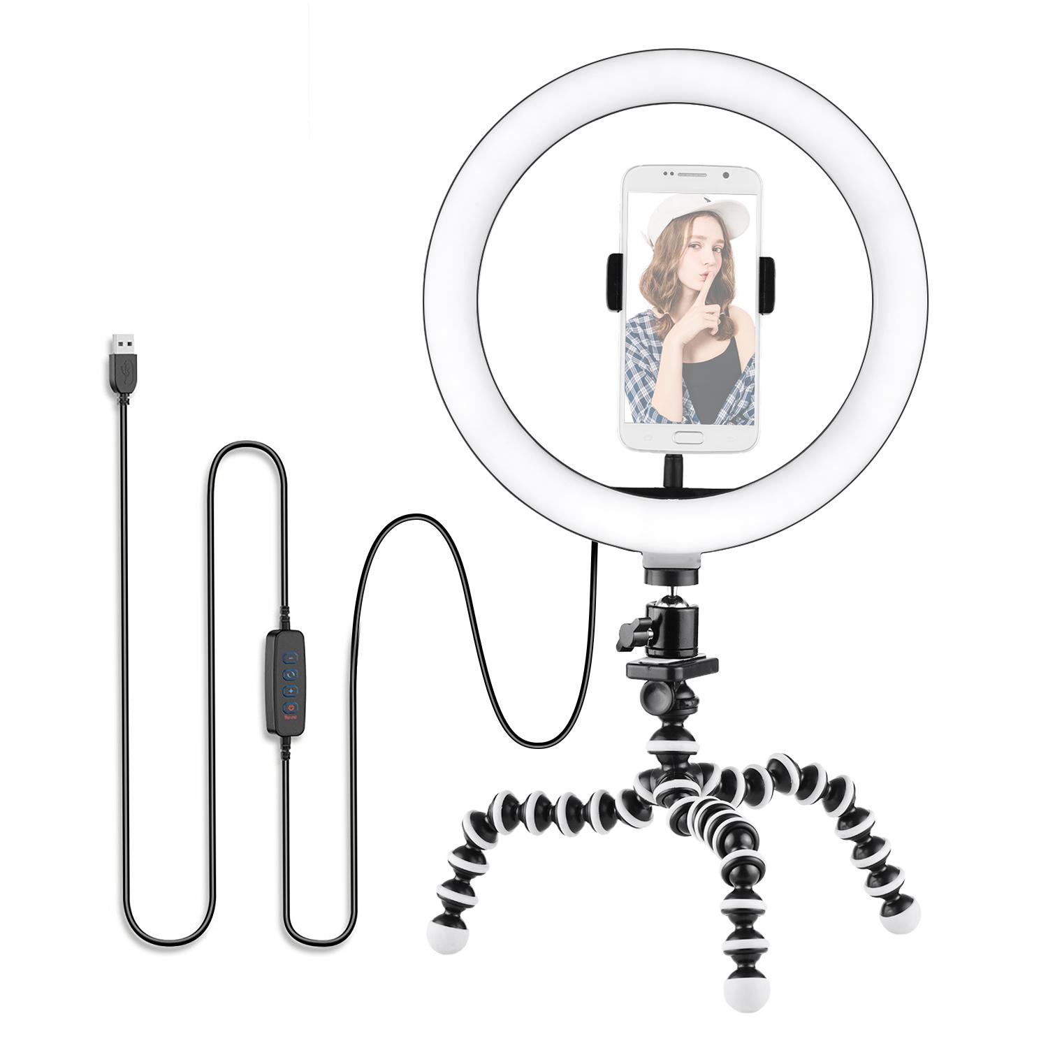 Bộ đèn vòng 10 inch / 26cm 3300K-5500K Đèn LED tự chụp có thể thay đổi 3 chế độ chiếu sáng + Chân máy bạch tuộc linh hoạt