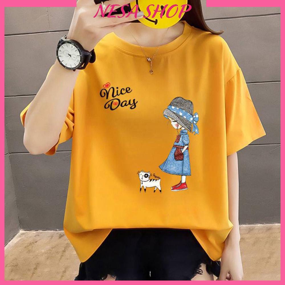 Áo phông tay lỡ, chất liệu thun cotton co giãn, áo unisex in hình cô gái, chữ Nice Day, Áo thun nam nữ form rộng