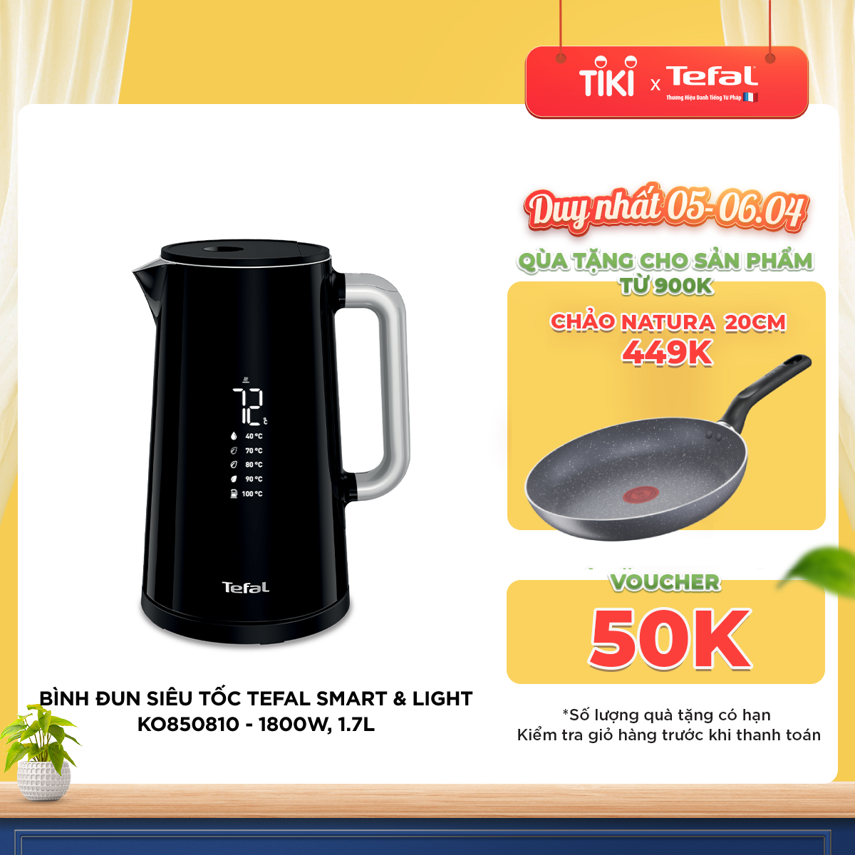 Bình đun siêu tốc thông minh 1.7L Tefal Smart &amp; Light KO850810 - 1800W - Hàng chính hãng