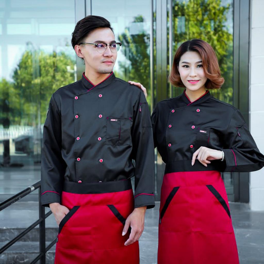 Men Women Piping Chef Jacket Coat Uniform Long Sleeve Hotel Kitchen Apparel Tops