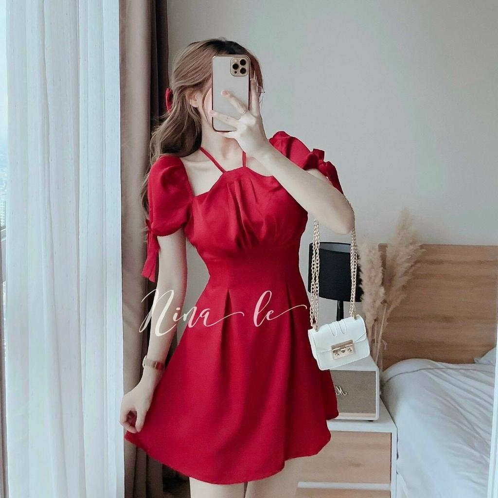 Đầm xoè tiểu thư cổ yếm tay nơ xinh xắn