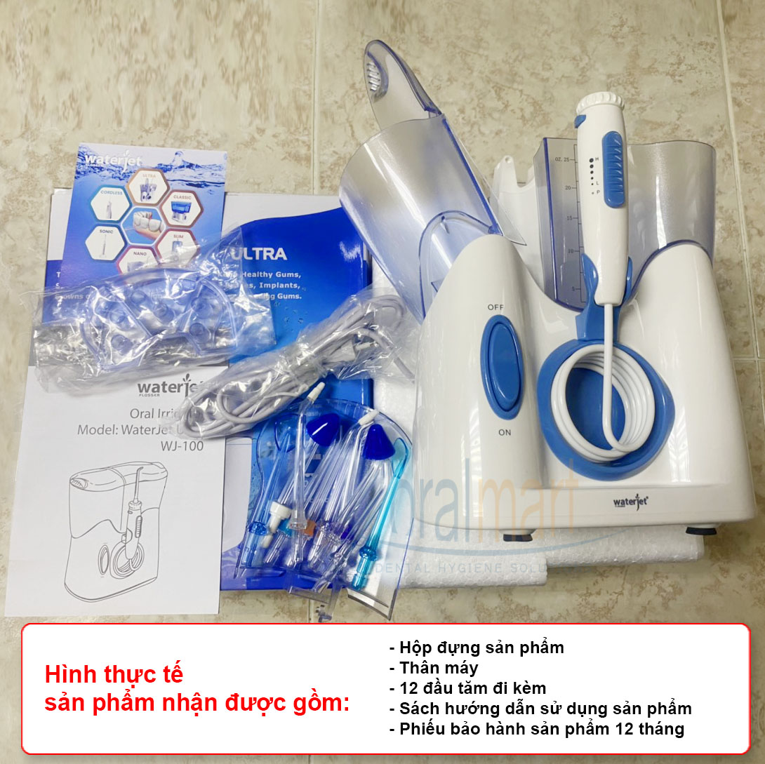 Máy tăm nước gia đình Waterjet Flosser Ultra (12 đầu tăm, dùng được cho người niềng răng, có đầu cạo lưỡi, đầu hút mũi)