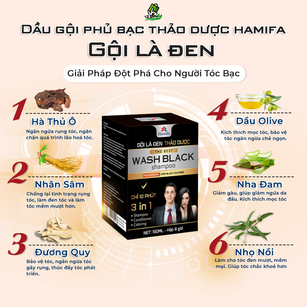 Dầu gội phủ bạc ,  Hamifa  , hộp 6 gói 25ml  Nâu ( loại tốt )