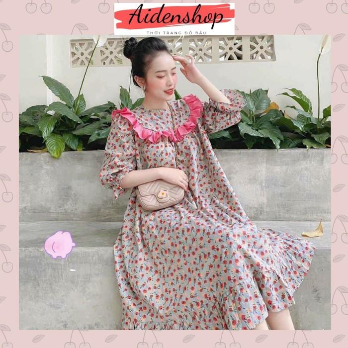 Đầm hoa nhí vintage váy bầu dáng suông thời trang chất lụa hàn đẹp freesize từ 45-70kg #vaybau maternity dress