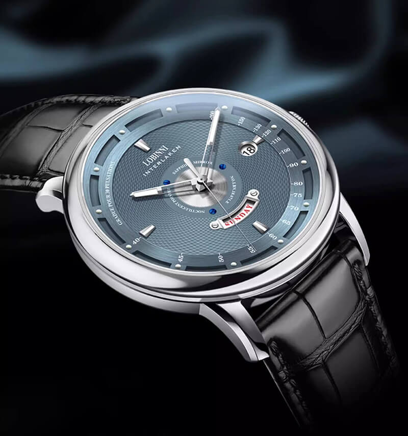 Đồng hồ nam chính hãng LOBINNI L18087-2 hàng mới fullbox hãng ,máy cơ kính sapphire chống nước đầy đủ,mặt tròn xanh dây da đen xịn