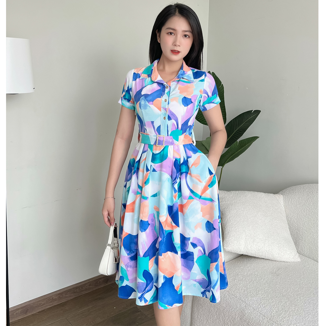 Ladyfashion - Đầm cổ sơ mi họa tiết lập thể sang trọng D085 Khánh Linh Style
