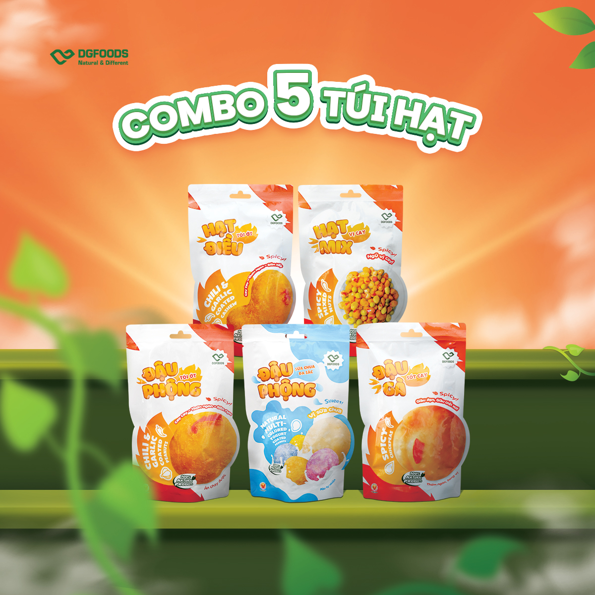 Combo 5 túi hạt dinh dưỡng/hạt điều tỏi ớt, đậu phộng tỏi ớt, đậu phộng sữa chua, đậu gà sốt cay, hạt mix vị cay. Hạt giòn, vị cay tự nhiên, thơm ngon