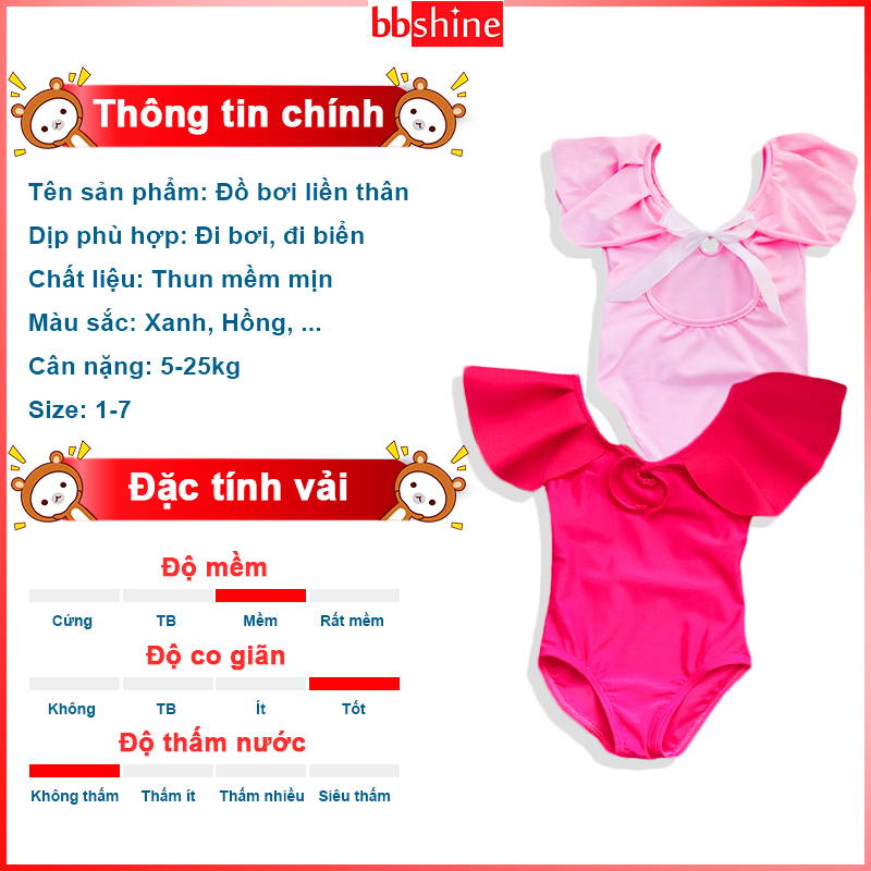 Đồ bơi bé gái liền thân 5-25kg BBShine, Bikini cho bé cánh tiên tone màu hồng cực xinh xắn – DB018