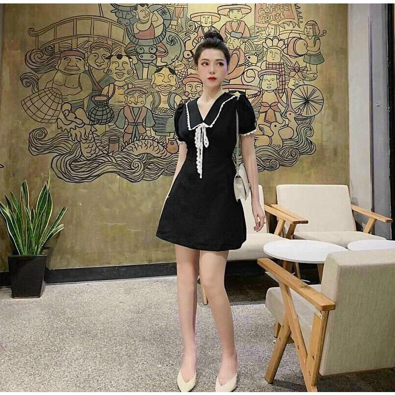 Gunkaymatter Đầm Xòe Tay Ngắn Cổ V Chạy Viền ,Có Nơ Dễ Thương Sang Chảnh,Chất Liệu Kate