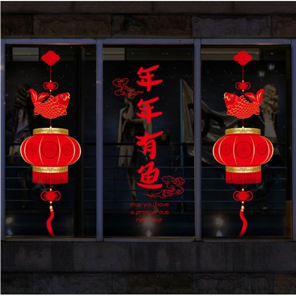 Decal trang trí tết - lồng đèn Cá Chép đỏ kèm chữ
