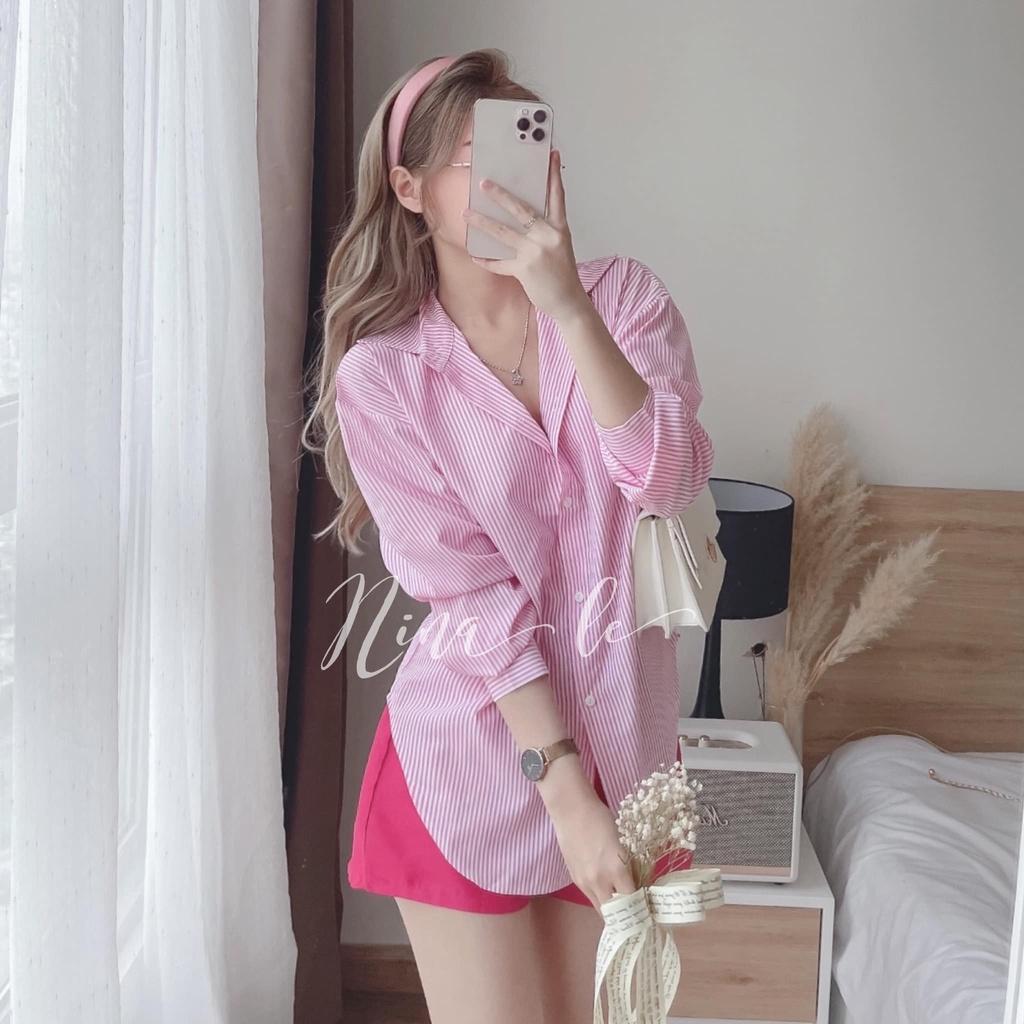 Sét bộ đồ nữ áo sơ mi dài tay kẻ sọc đa dạng màu sắc phối quần đùi xinh xắn.