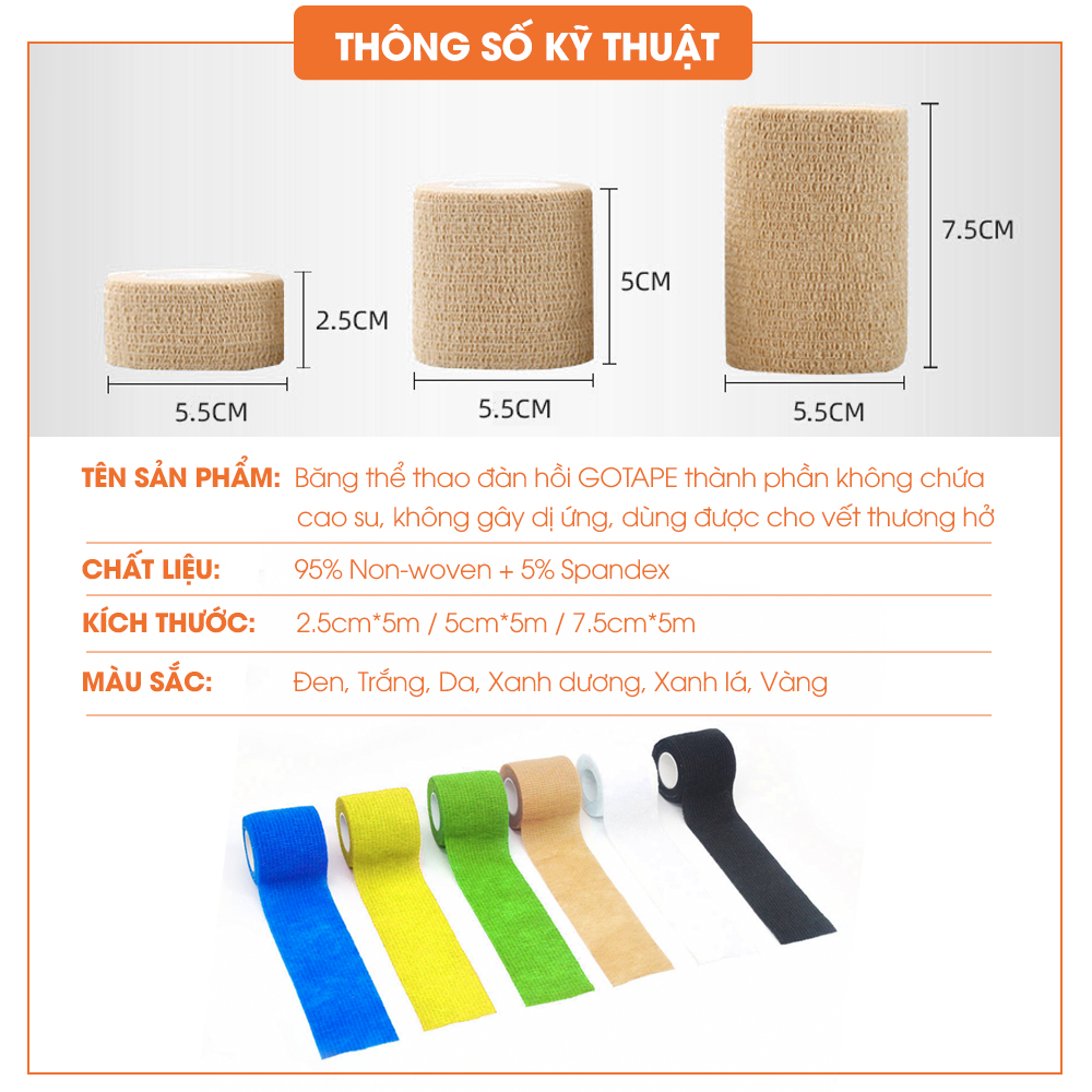 Băng thể thao đàn hồi GoodFit Gotape GT02 thành phần không chứa cao su, không gây dị ứng, dùng được cho vết thương hở, y tế