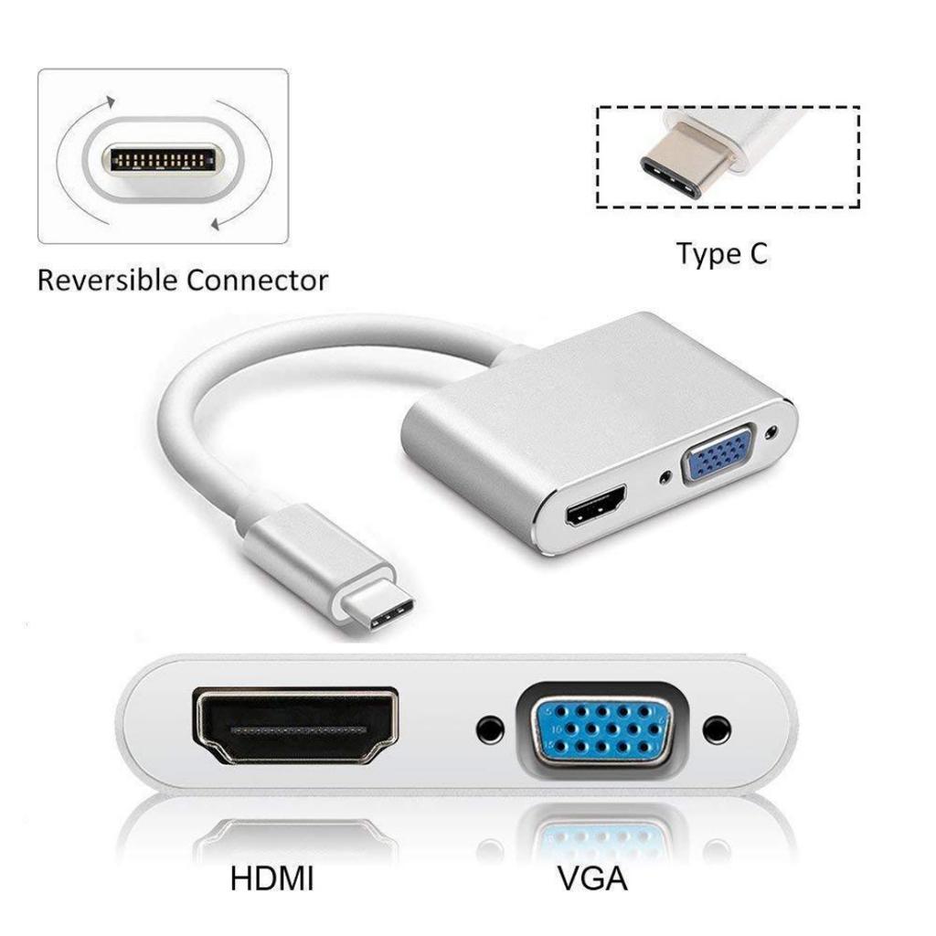 USB-C to  VGA Type-C Hub Adapter Splitter Box for HDTV Silver