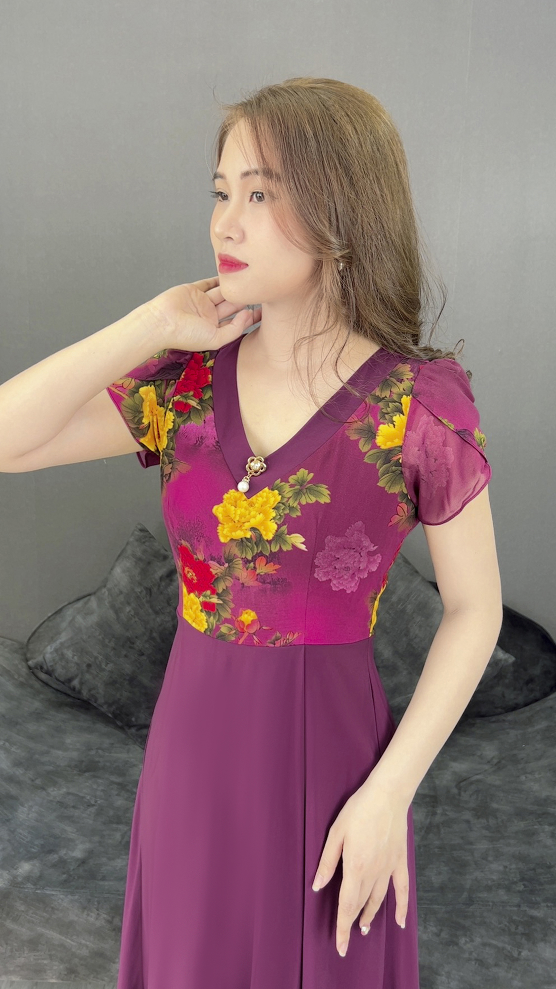 Đầm Hoa Trung Niên [ Linh Trà ] (TM 435) Vải Voan Chiffon Đi Chơi Đi Tiệc Quý Phái Sang Chảnh