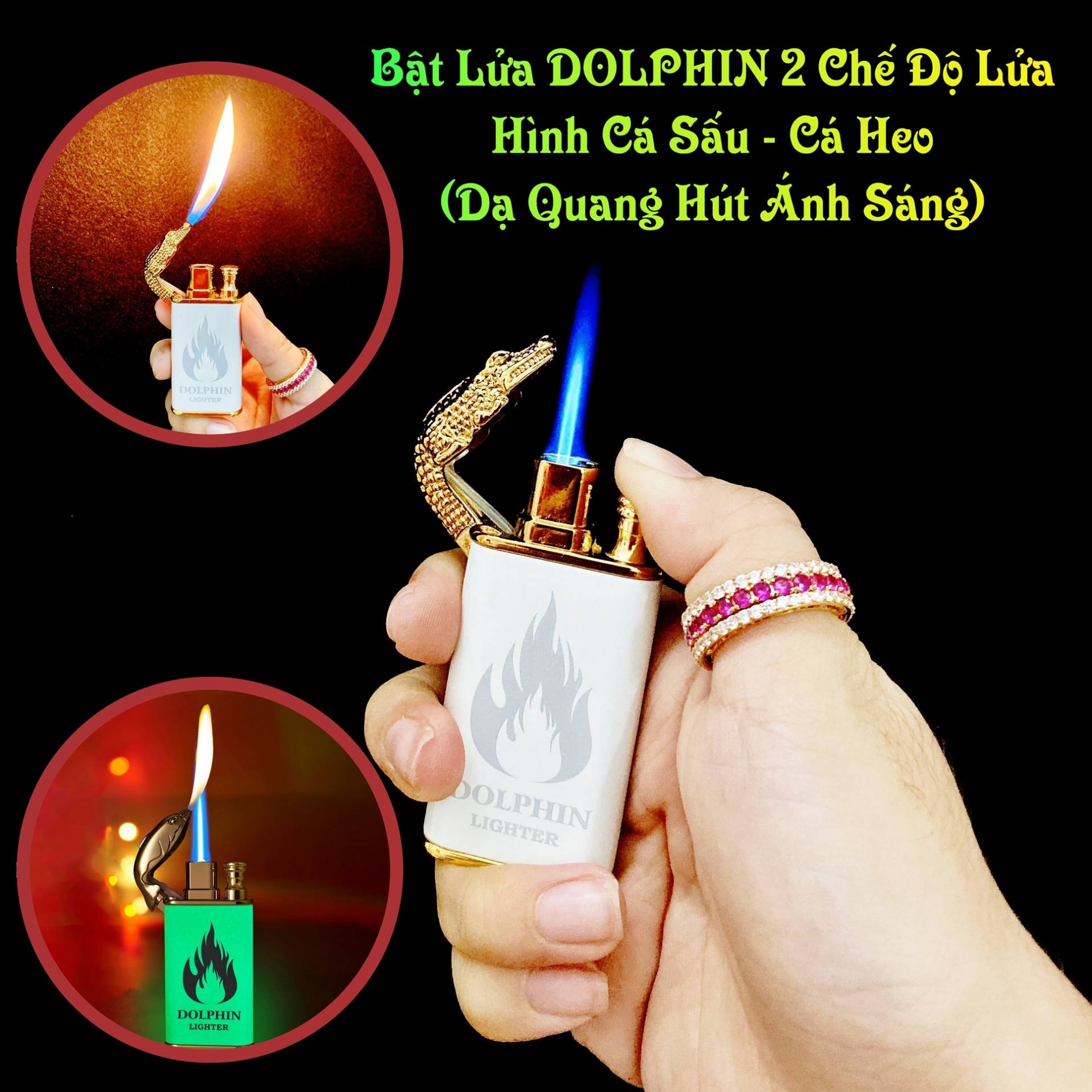 Hột quẹt bật lửa dolphin 2 chế độ lửa hình cá sấu - cá heo (dạ quang hút ánh sáng) - (xài gas)