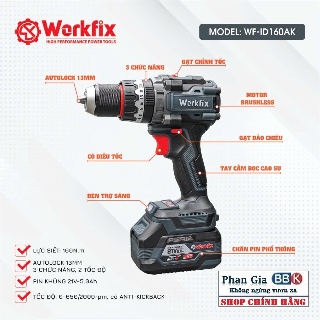 Máy khoan pin 13mm Workfix WF-ID160AK lực siết 160Nm, Không Chổi Than, Chống lật cổ tay-Bảo hành chính hãƞg