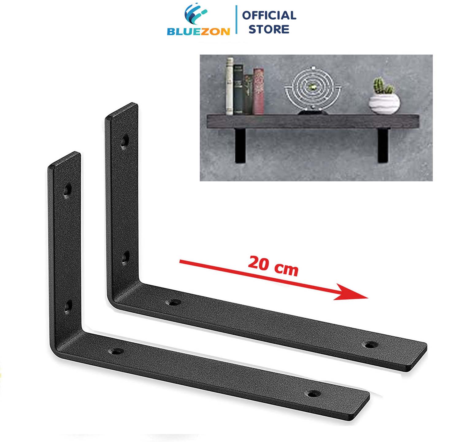 Bộ 2 giá treo chữ L 20cm, ke chữ L bằng thép phủ sơn tĩnh điện màu đen, kèm phụ kiện vít tắc kê