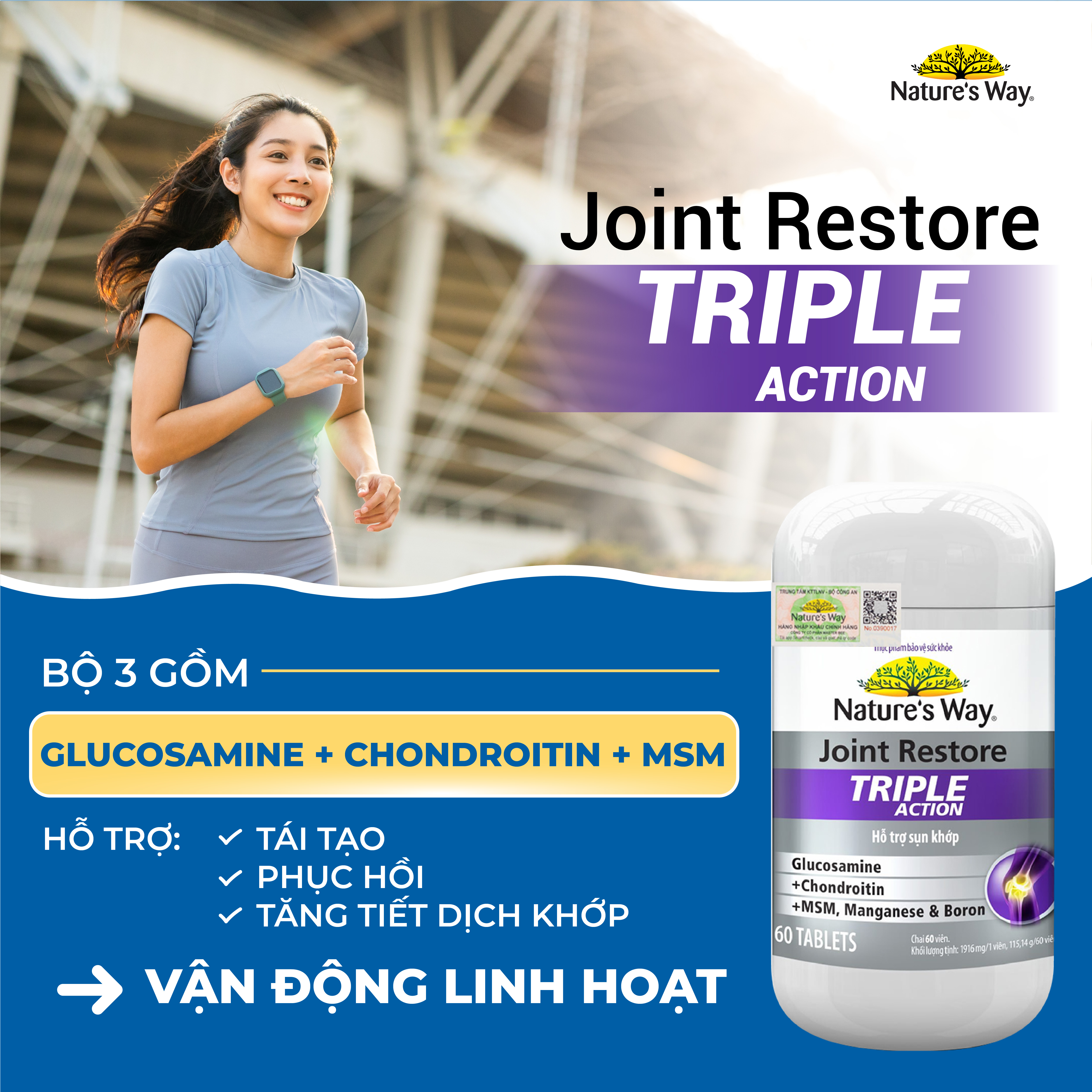 Viên Uống Hỗ Trợ Xương Khớp Nature's Way JOINT RESTORE TRIPLE ACTION Giảm Đau, Giảm Viêm Xương Khớp Hộp 60v