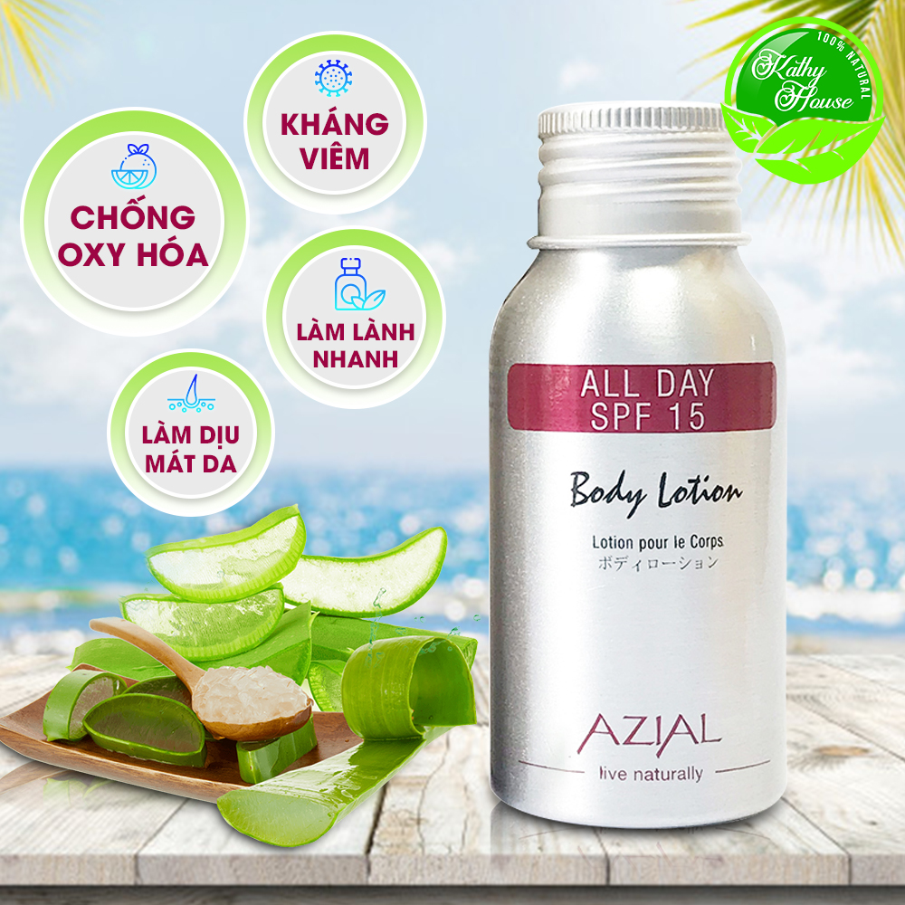 Sữa dưỡng thể chống nắng AZIAL All Day Body Lotion SPF15, 100% thiên nhiên, giải độc tố, chai 50ml