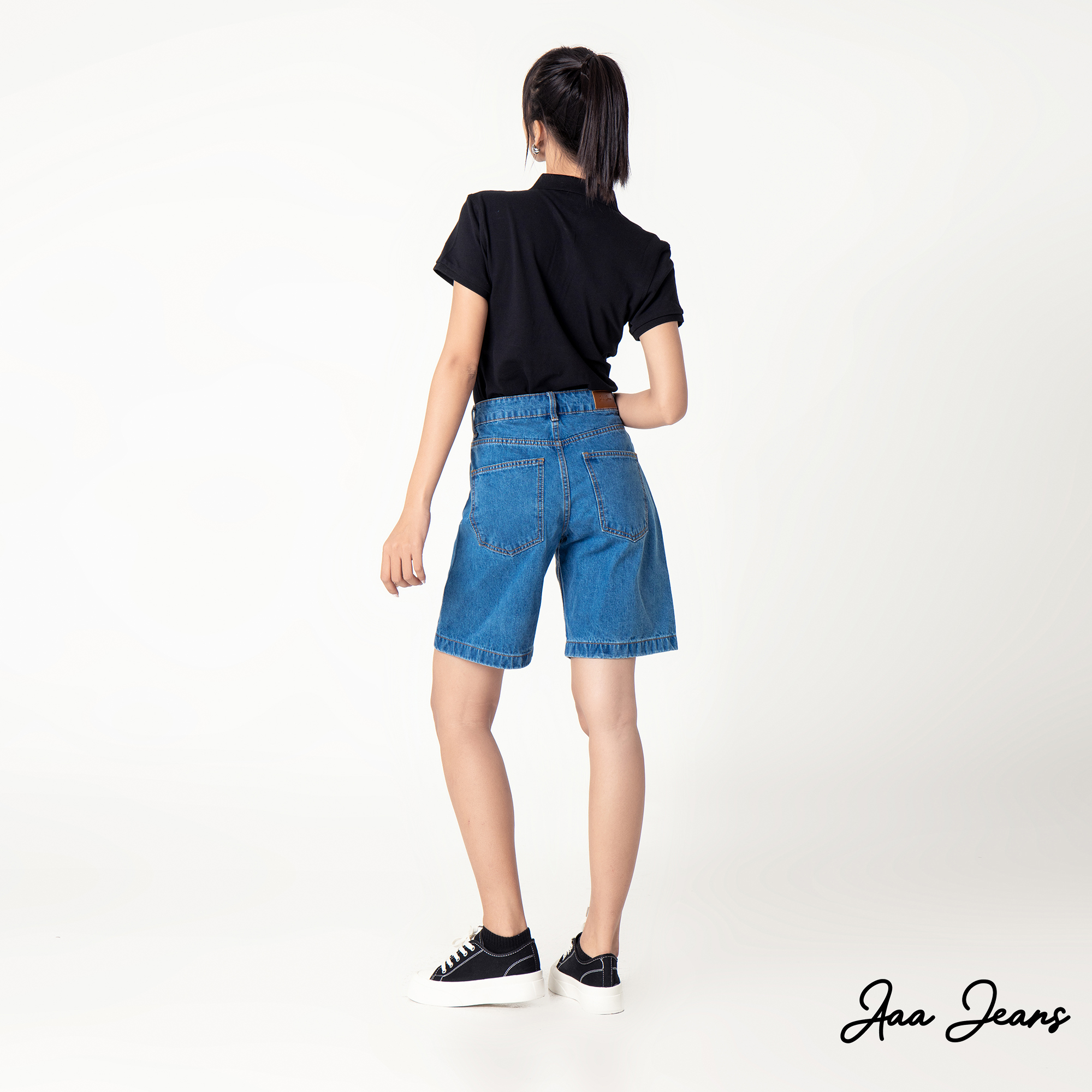 Quần short jean nữ lưng cao ngang gối Aaa Jeans