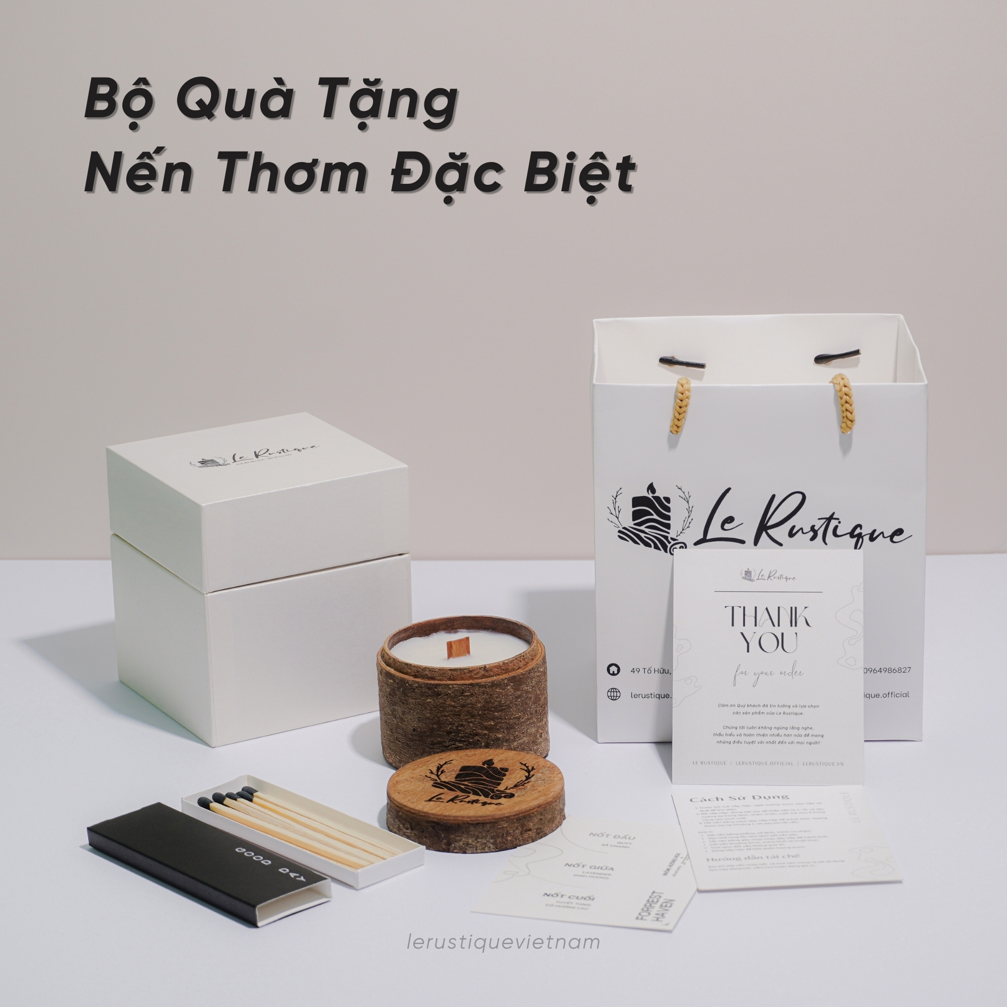 Set Quà Tặng Nến Thơm Trị Liệu Le Rustique Phiên Bản Hộp Trắng Đặc Biệt - An Toàn Sức Khỏe - 100g