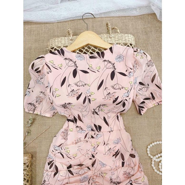 Đầm hoa nhí voan nhún eo, Váy hoa nhí đuôi cá công sở Cao Cấp dự tiệc tay ngắn cổ tròn - MiNhi Fashion