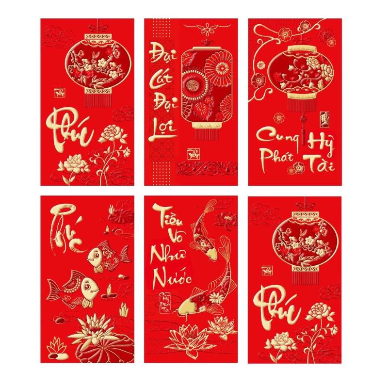 Set 6 phong bao lì xì tết đỏ thắm, chất đẹp, phong cách truyền thống