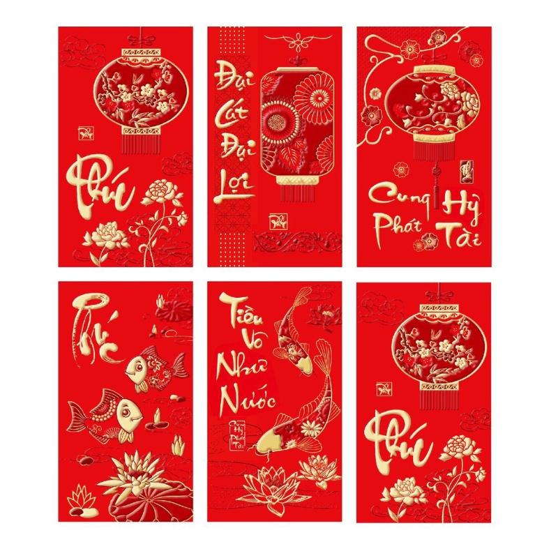 Set 6 phong bao lì xì tết đỏ thắm, chất đẹp, phong cách truyền thống (giao mẫu ngẫu nhiên)