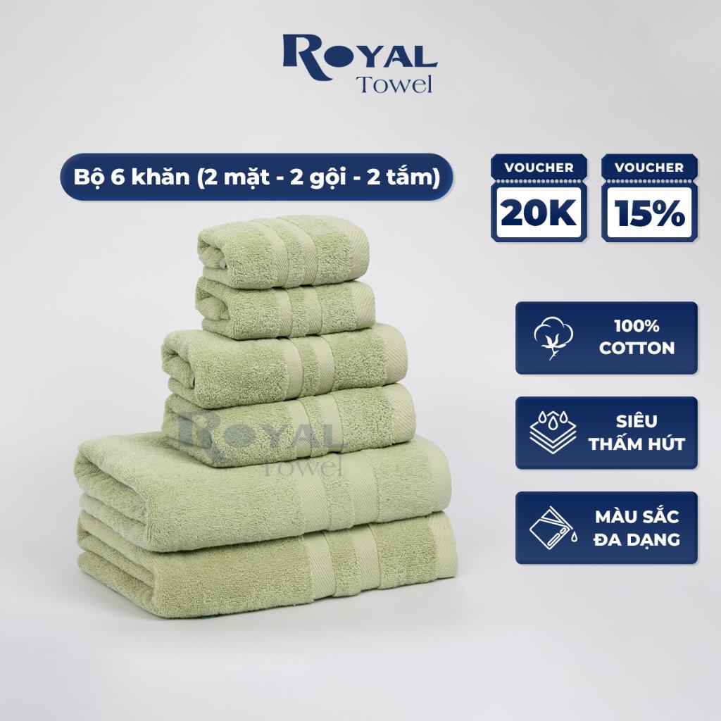 Combo 6 khăn Royal gồm 2 khăn tắm, 2 khăn lau đầu, 2 khăn mặt không đổ lông, không ra màu, mềm và thấm hút