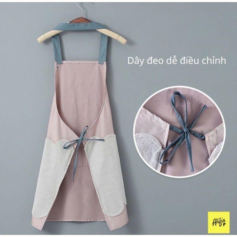 Tạp giề nấu ăn chống thấm nước màu sách trang nhã, có chỗ lau tay