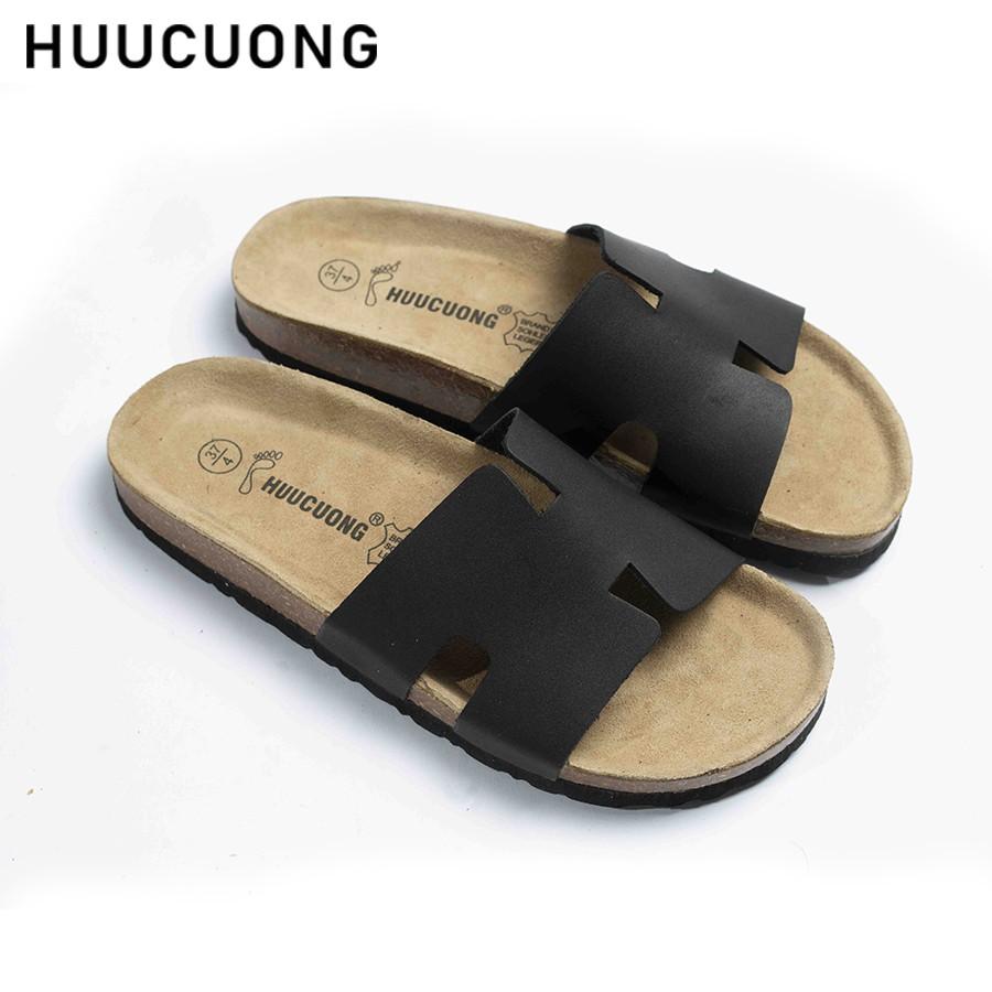 Dép unisex Huucuong chữ H da bò đen đế trấu handmade