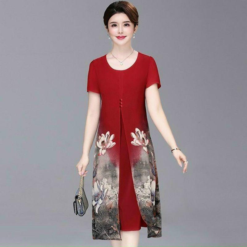 ĐẦM SUÔNG ĐÍNH NÚT IN HOA SEN 2 BÊN