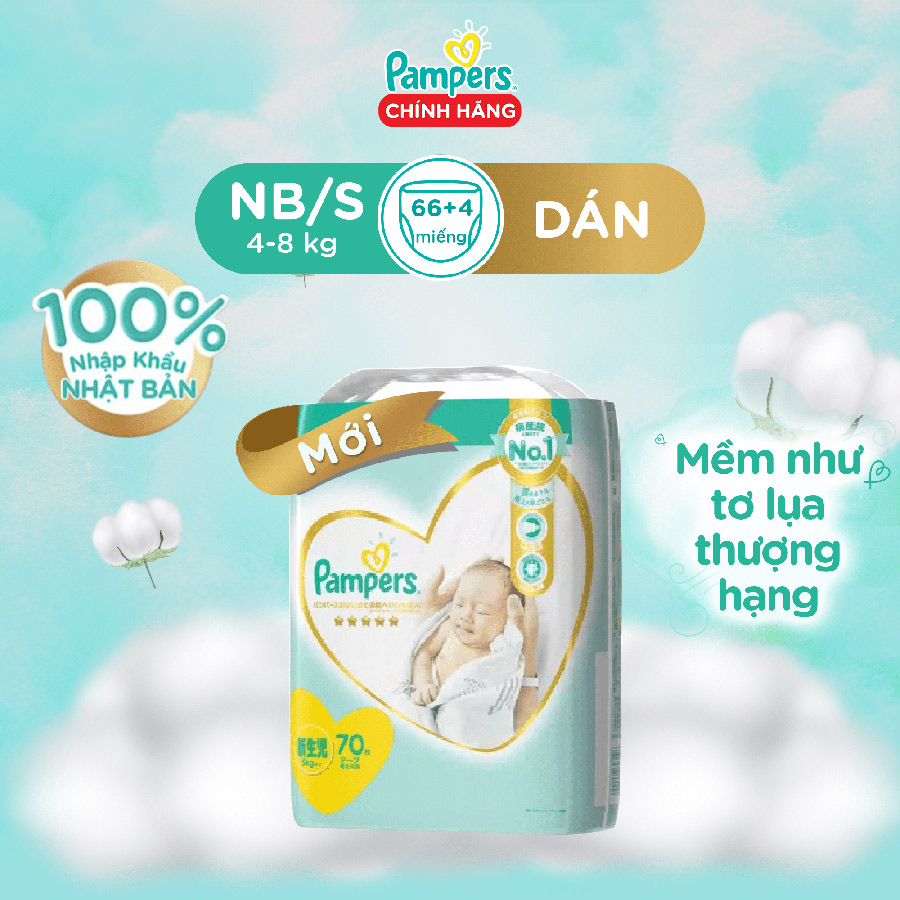 Tã/ Bỉm Dán PAMPERS Nội Địa Nhật Bản Size NB(70 miếng, dưới 5kg)/ S(64 miếng, 4-8kg)/ M(52 miếng, 6-11kg)/ L(42 miếng, 9-14kg), Cao Cấp Thượng Hạng