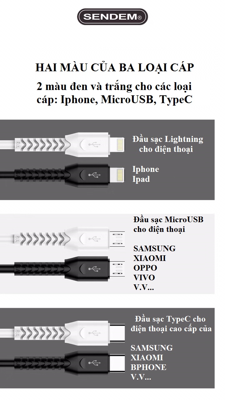 Cáp sạc siêu tốc SENDEM T8 6A MicroUSB, Lightning, TypeC hỗ trợ VOOC, Qualcom 3.0 dành cho điện thoại đời cao của Iphone, Samsung, Oppo,... (Giao màu ngẫu nhiên) - Hàng chính hãng