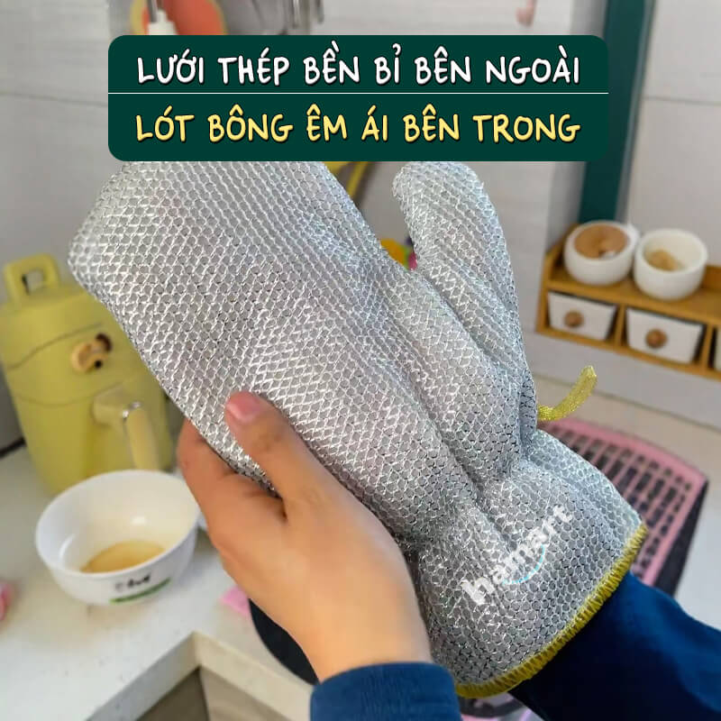 Bao Tay Lưới Thép Cọ Xoong Nồi Chảo Găng Bạc Rửa Chén Bát Mút Mềm Tạo Bọt Chà Vệ Sinh Bếp Đa Năng