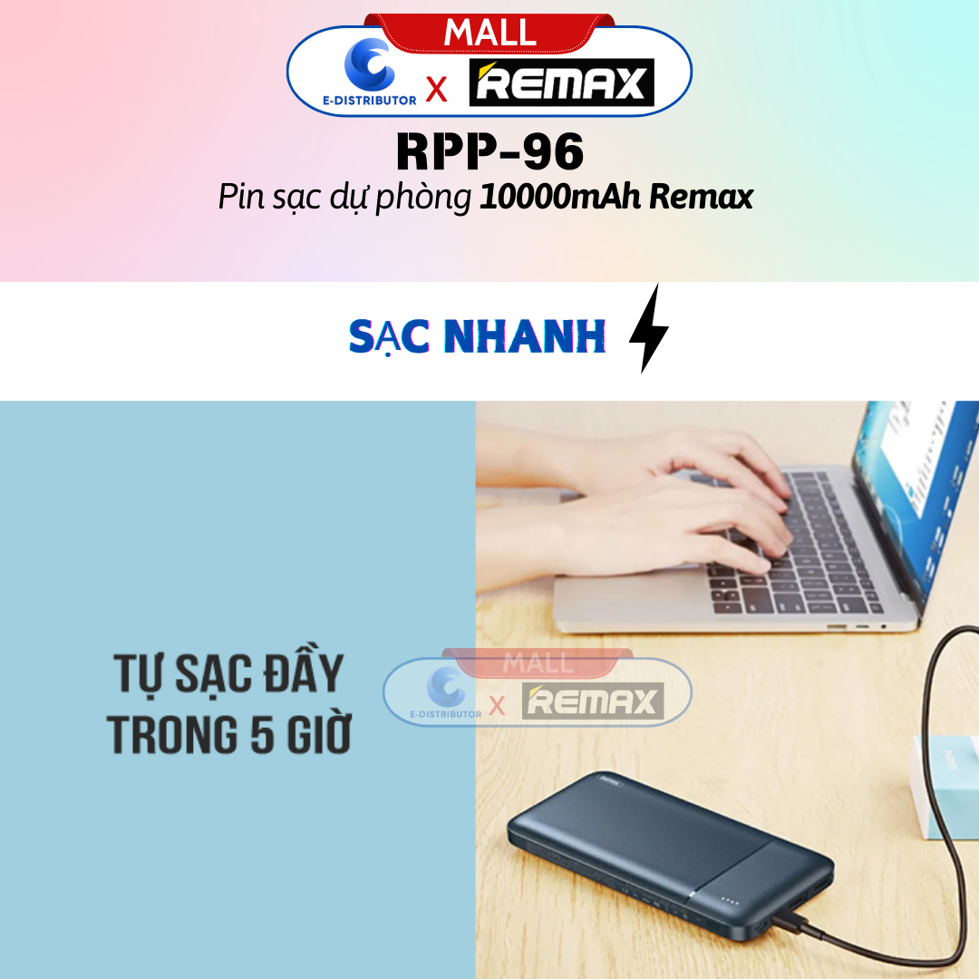 Pin sạc dự phòng 10000mah Remax RPP-96 - Hàng Chính Hãng - Bảo Hành 12 Tháng