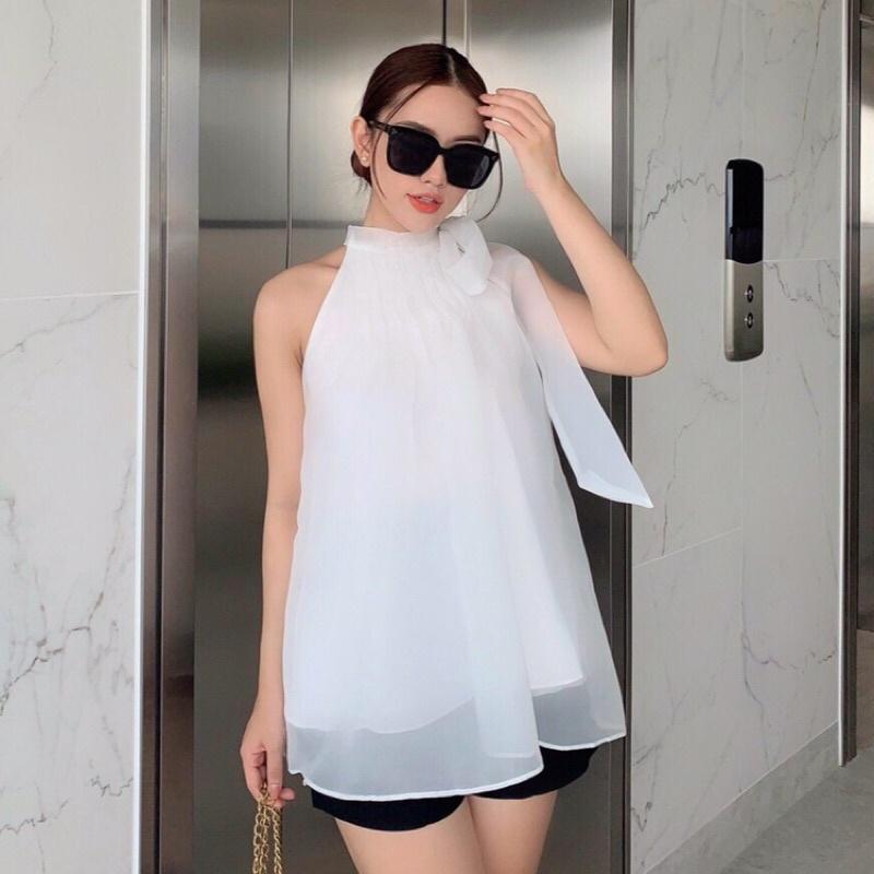 Áo voan tơ cổ yếm xếp li cột nơ
