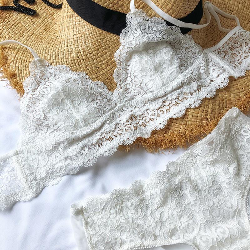 Gợi Cảm Pháp Ren Tam Giác Áo Cúp Ngực Và Quần Lót Bộ Mỏng Lót Không Dây Bralette Bộ Quần Lót U Hở Lưng Nữ Quần Lót Ren 2021 mới