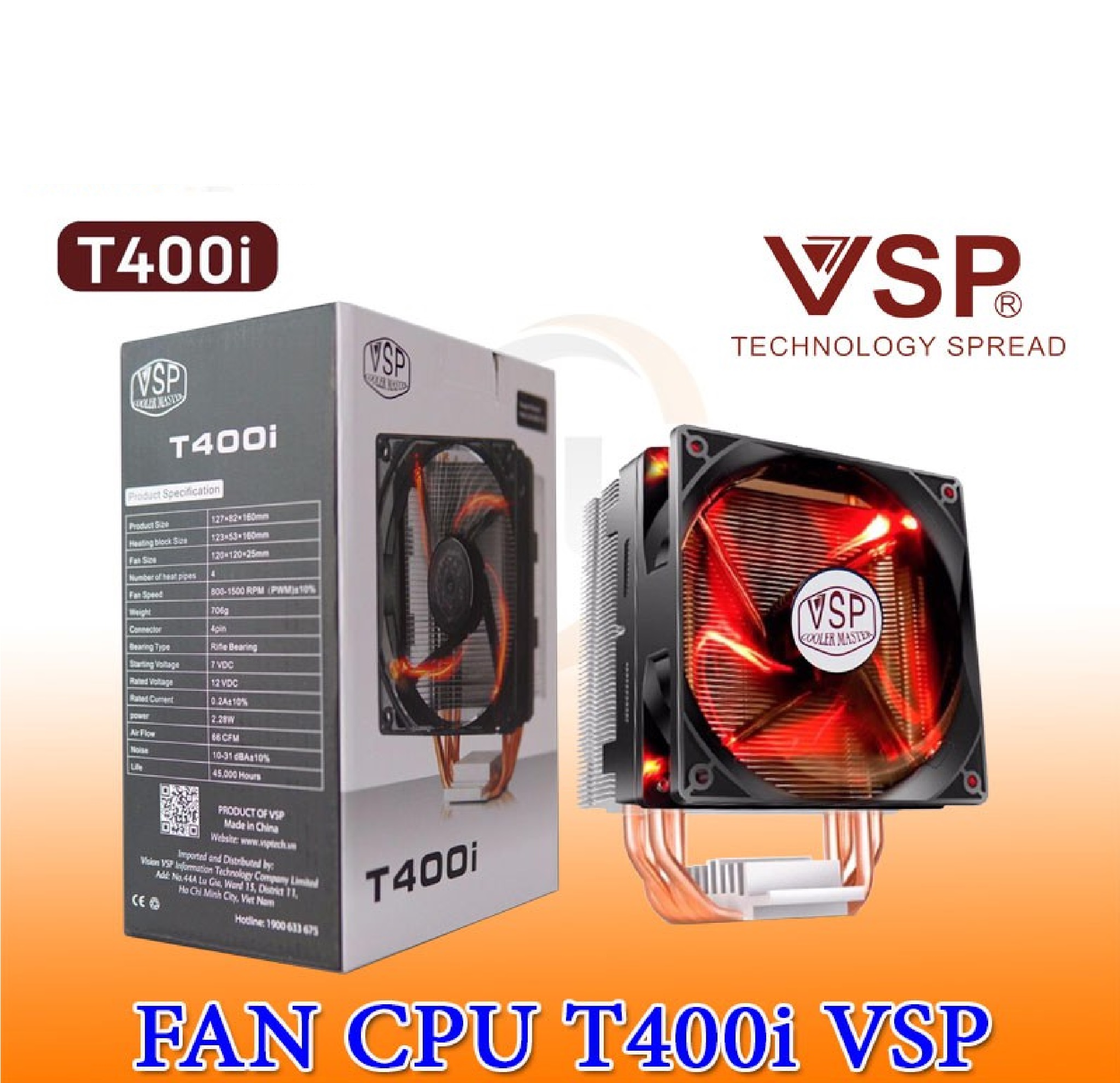 Quạt tản nhiệt VSP Fan LED T400i (Tản 4U, kích thước 12cm, màu Đen) - Hàng chính hãng